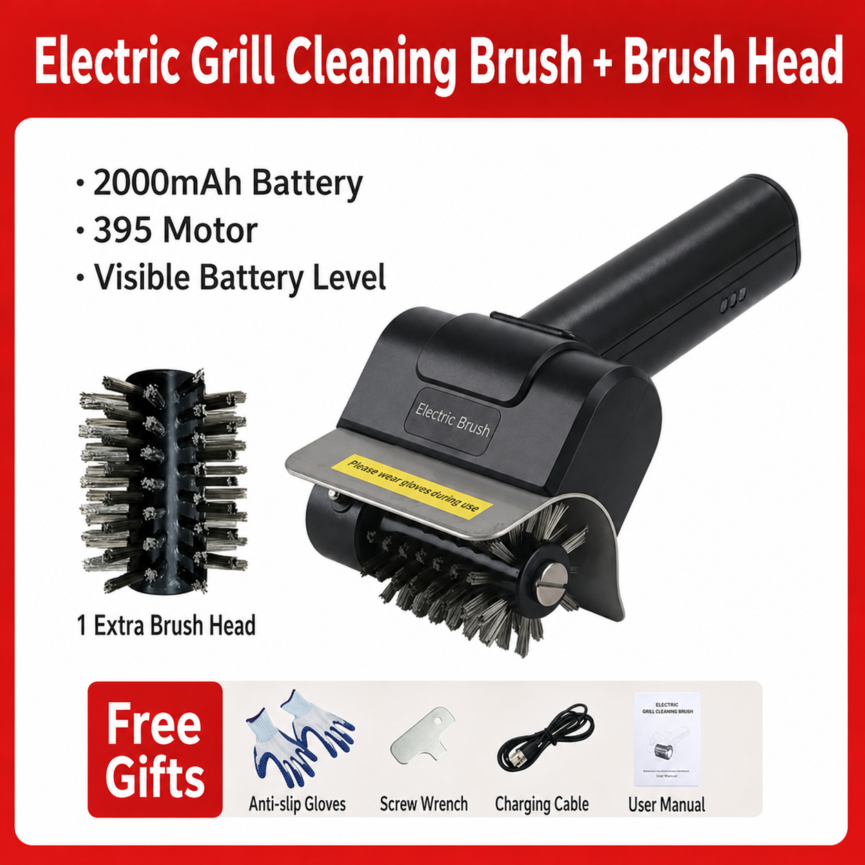 N009 Electric Grill Cleaning Brush – Rechargeable Steel-Wire BBQ Cleaner with Safety Lock & Replaceable Head