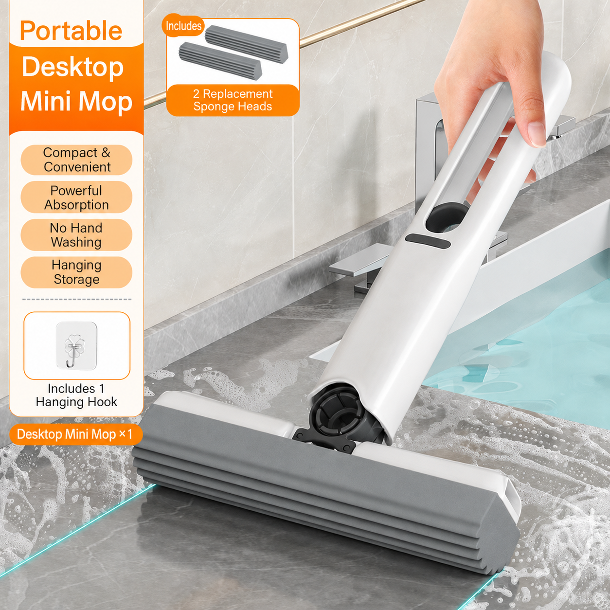 N021 Portable Mini Sponge Mop – Rotating Head, Double-Fold Wringing & Powerful Water Absorption