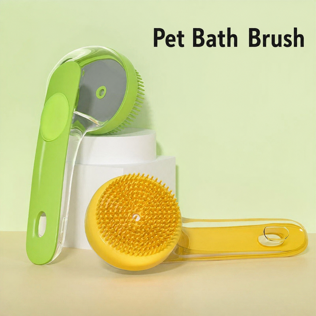 N013 Pet Bath Massage Brush – One-Press Shampoo Dispenser with Soft Silicone Bristles