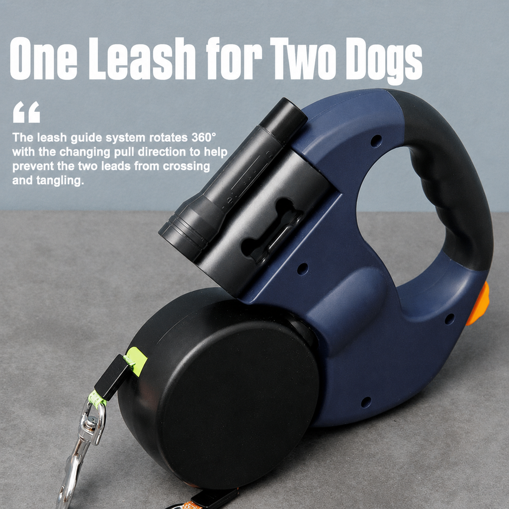 N011 Dual Retractable Dog Leash – 360° Anti-Tangle Two-Dog Leash with LED Light & Reflective Straps