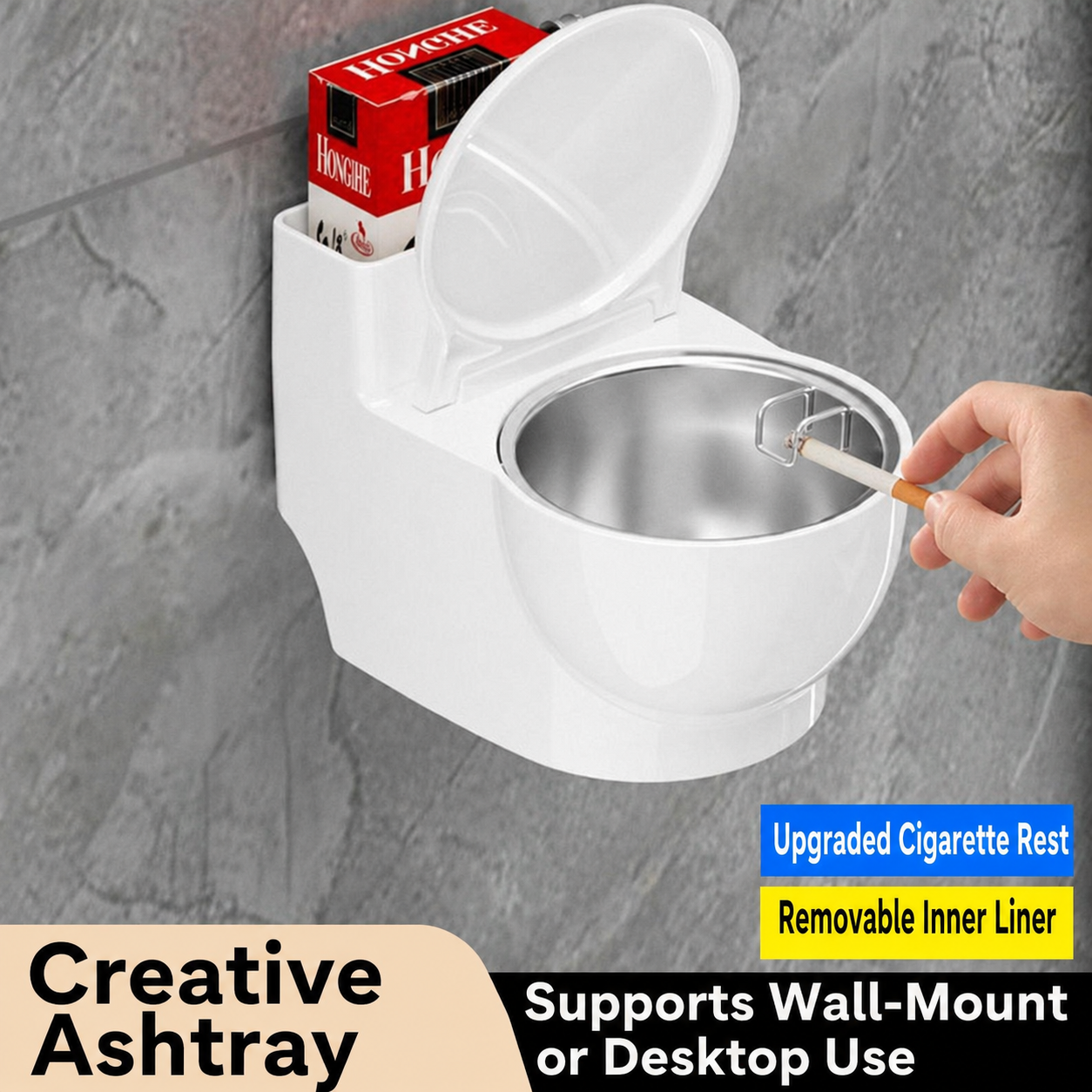N020 Wall-Mounted Toilet-Style Ashtray – No-Drill Adhesive Installation with Removable Stainless Steel Liner